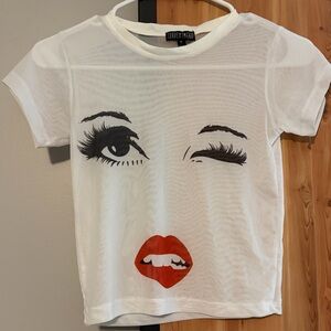 Current Mood Winking Lip Service White Baby Mesh Sheer Tee S